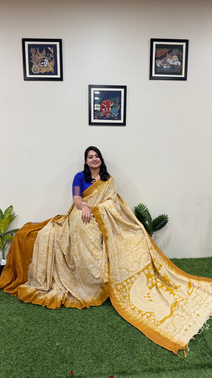 Pure Nellore Silk Saree with Hand-Dyed Outline Kalamkari Border for Festive Wear