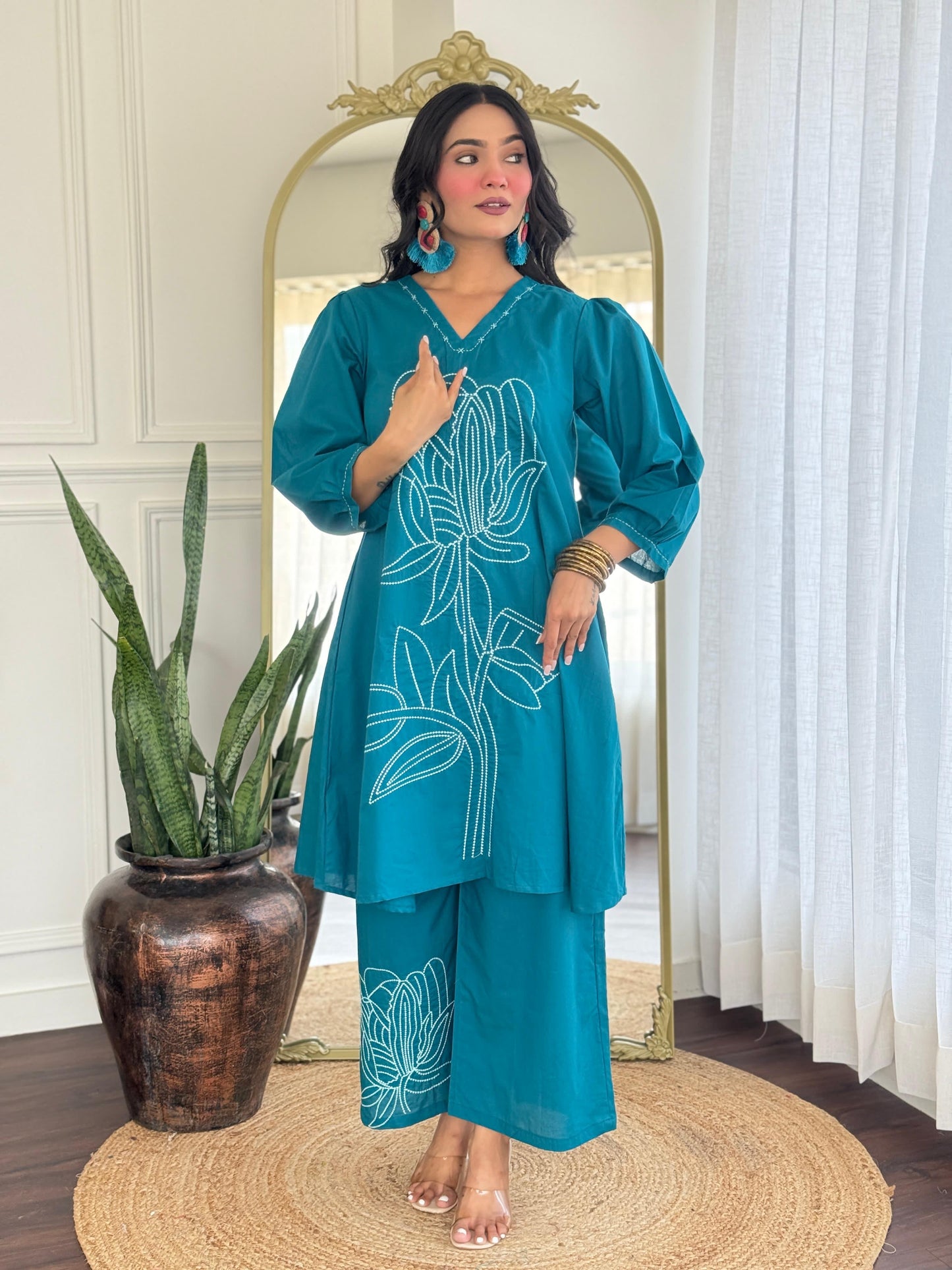 Pure Cotton Co-Ord Set with Elegant Embroidery – Ethnic Casual Wear for Women in Blue (M to XXL)