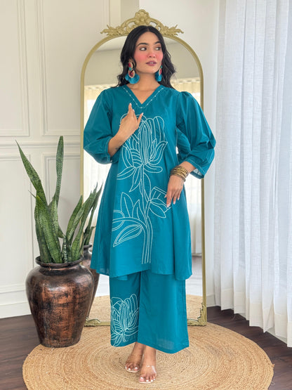 Pure Cotton Co-Ord Set with Elegant Embroidery – Ethnic Casual Wear for Women in Blue (M to XXL)