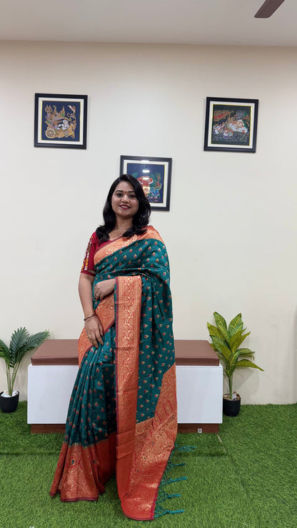 Banarasi Silk Blend Saree with Zari Woven Buttis and Contrast Red Pallu – Green Festive Wear