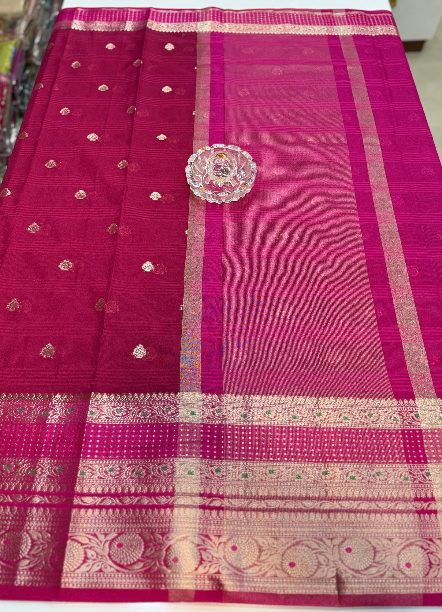 Banarasi semi georgette silk saree with gold zari weaving, meenakari big border and buti design for women