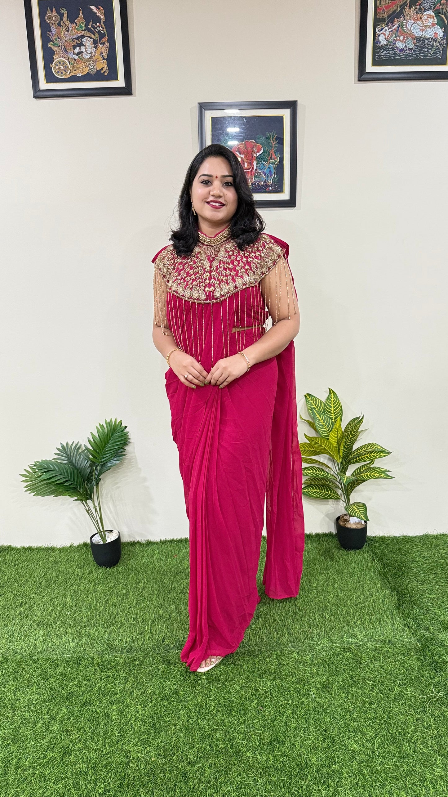 Pre-Draped Georgette Saree with Stitched Crop Top and Hand-Embroidered Cape – Ready-to-Wear Set for Women