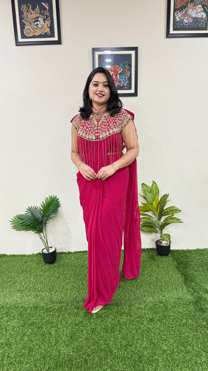 Pre-Draped Georgette Saree with Stitched Crop Top and Hand-Embroidered Cape – Ready-to-Wear Set for Women