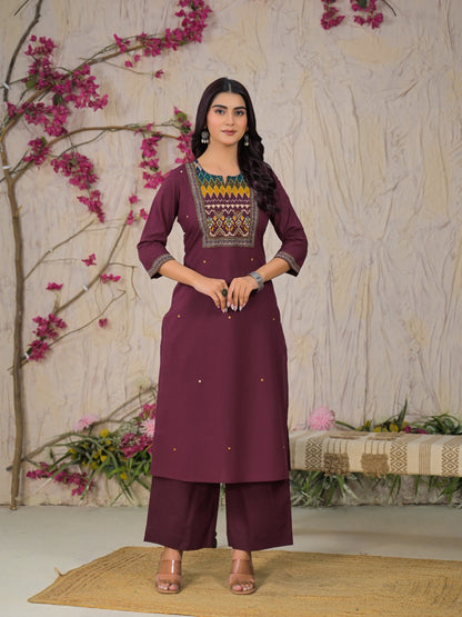 Cotton printed suit set for women with geometric yoke print, matching pant and dupatta