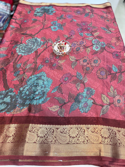 Silk blend printed saree with zari border and digital pallu print, 6.3m with running blouse, 6 color options