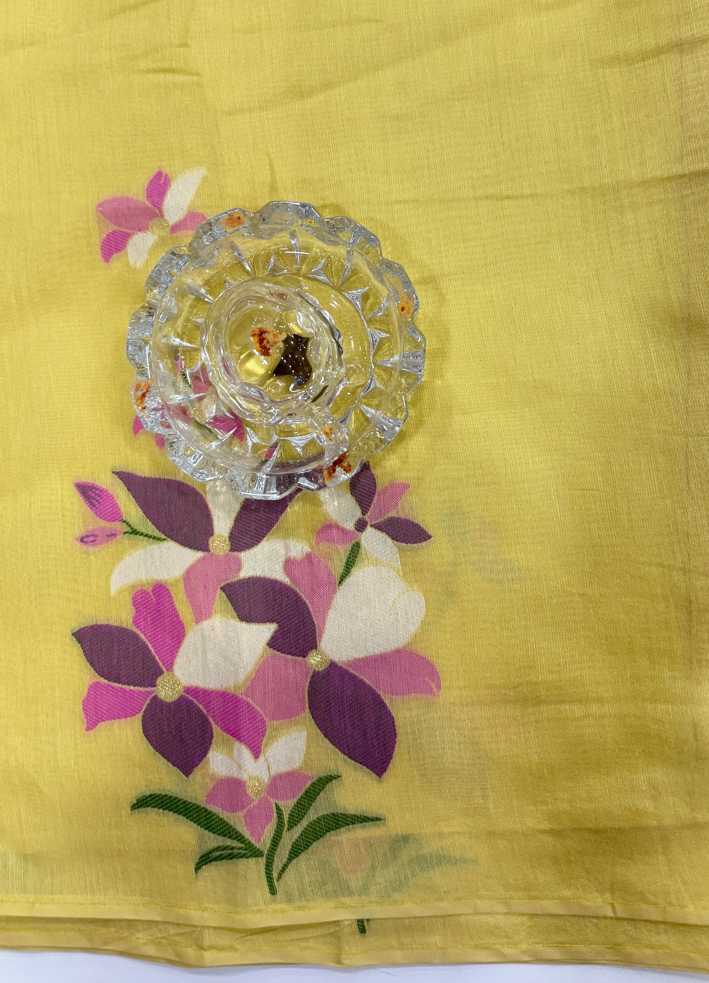 Yellow kora silk style viscose saree with woven floral motifs, tassel pallu and embroidered unstitched blouse fabric for women