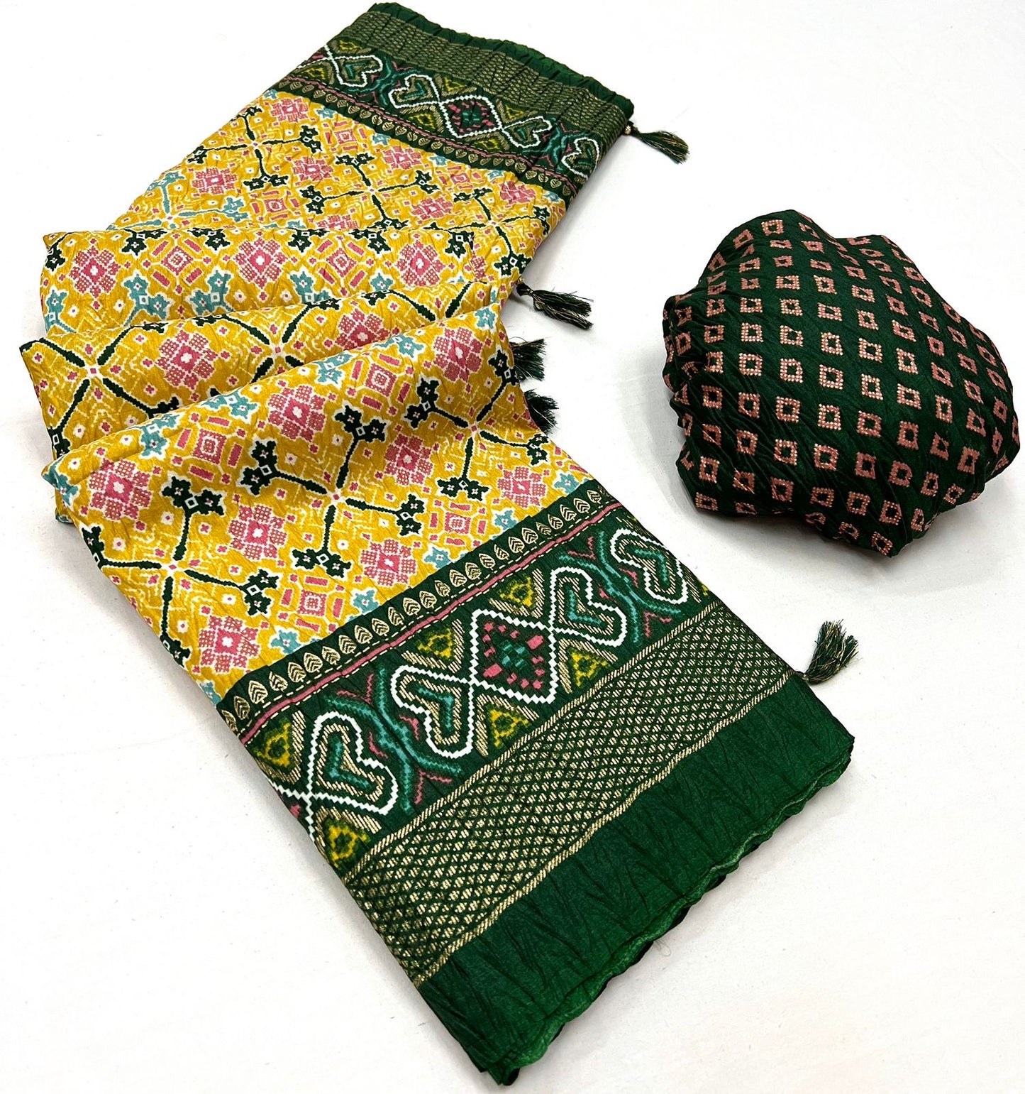 Soft Dola Silk Patola Print Saree with Foil Detailing, Tassel Pallu and Contrast Blouse for Women