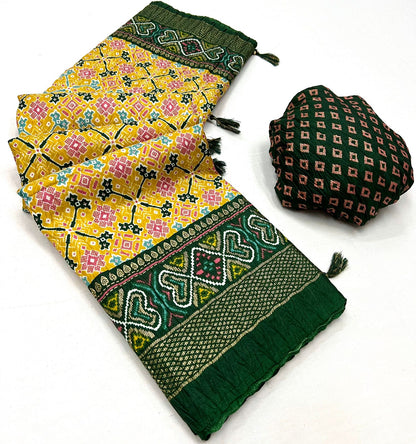 Soft Dola Silk Patola Print Saree with Foil Detailing, Tassel Pallu and Contrast Blouse for Women