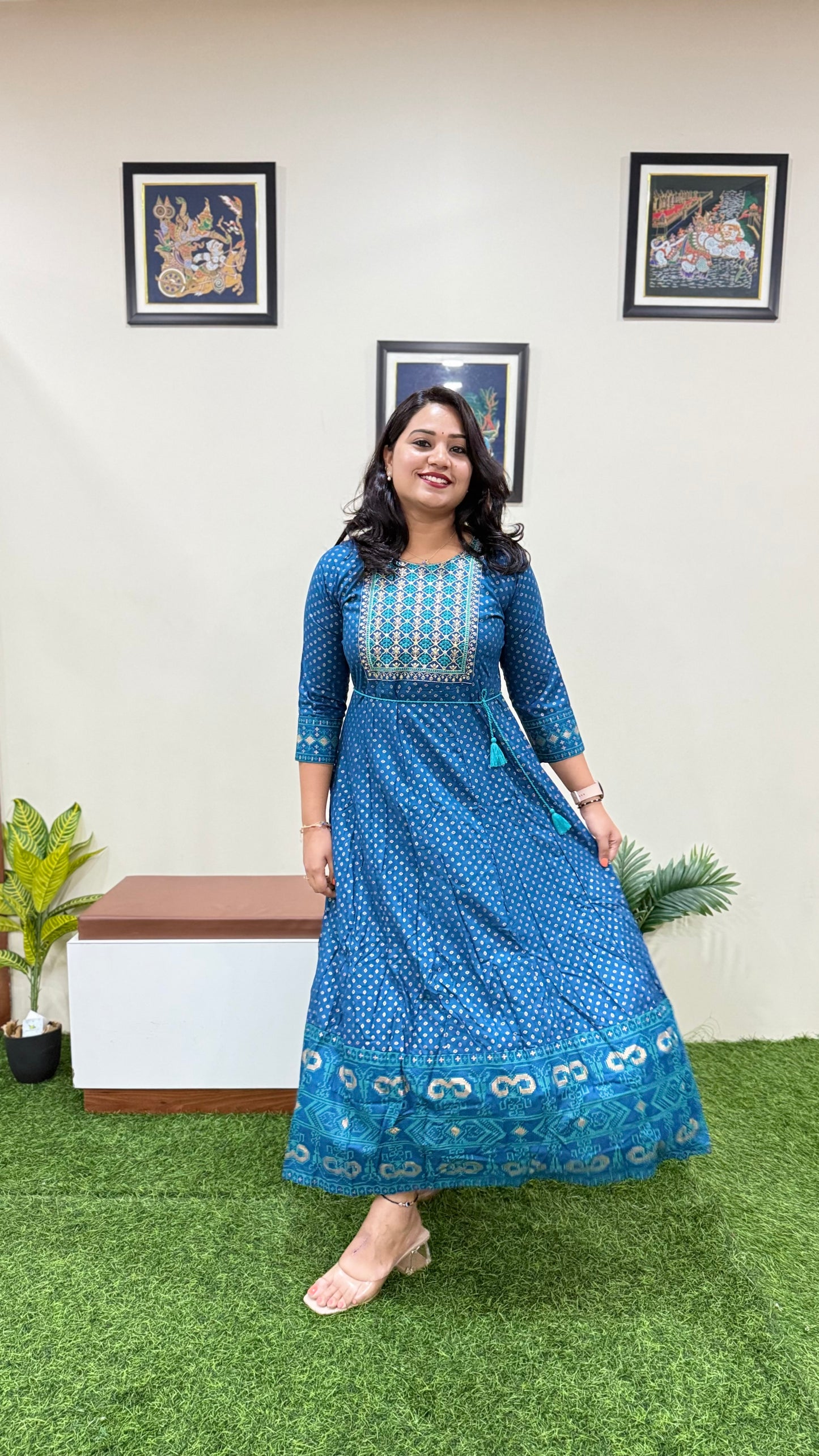 Rayon Foil Print Anarkali Gown with Embroidered Neck and Belt – Liva Tag – Sizes M to 3XL