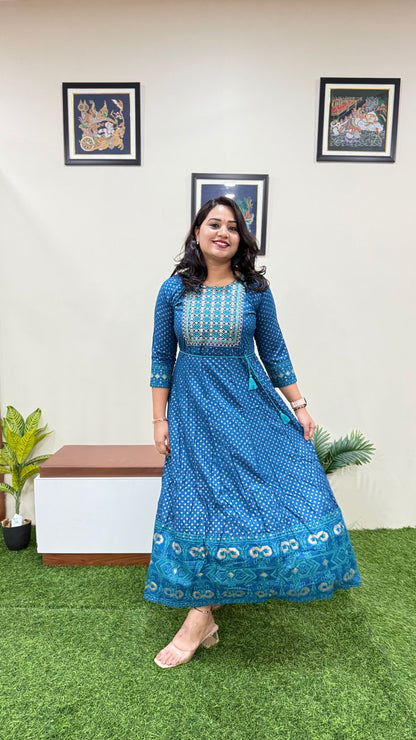 Rayon Foil Print Anarkali Gown with Embroidered Neck and Belt – Liva Tag – Sizes M to 3XL