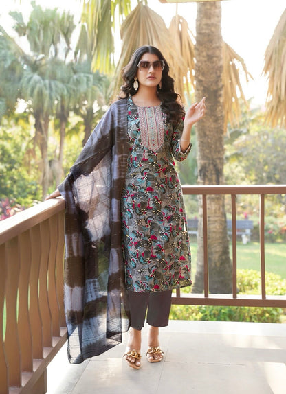 Roman Silk Modal Straight Suit Set with Foil Print, Embroidery and Chanderi Dupatta for Women