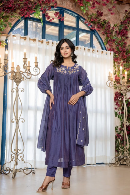 Chanderi Anarkali Kurti Pant Dupatta Set with Elegant Handwork for Women