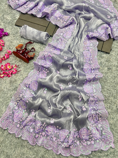 Heavy Berberry Silk Saree with Multicolored Thread and Sequin Embroidery – Festive and Wedding Wear