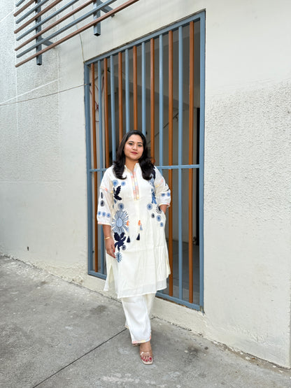 White Roman Silk Embroidered Kurta Pant Set for Women – Elegant Two-Piece Festive and Semi-Formal Outfit