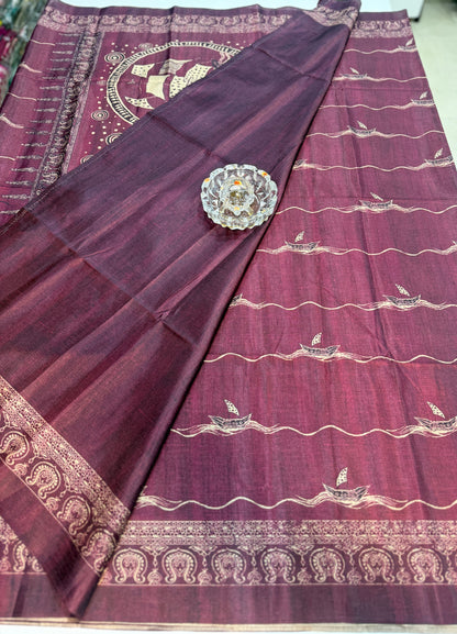 Semi Tussar Silk Saree with Ethnic Print Border and Tassel Pallu, Sea & Ships Print