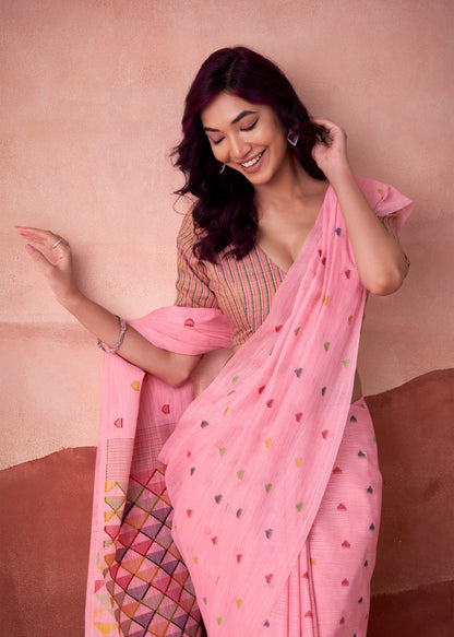 linen silk printed saree with geometric pallu and multicolor motifs – ethnic wear for women