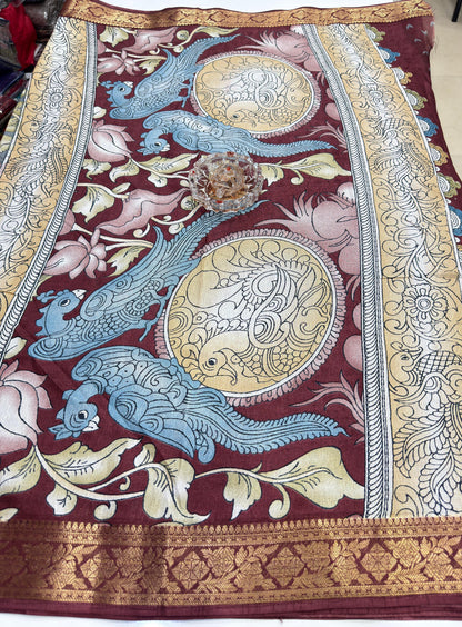 Silk blend printed saree with floral and bird motifs, zari border, women’s festive wear saree