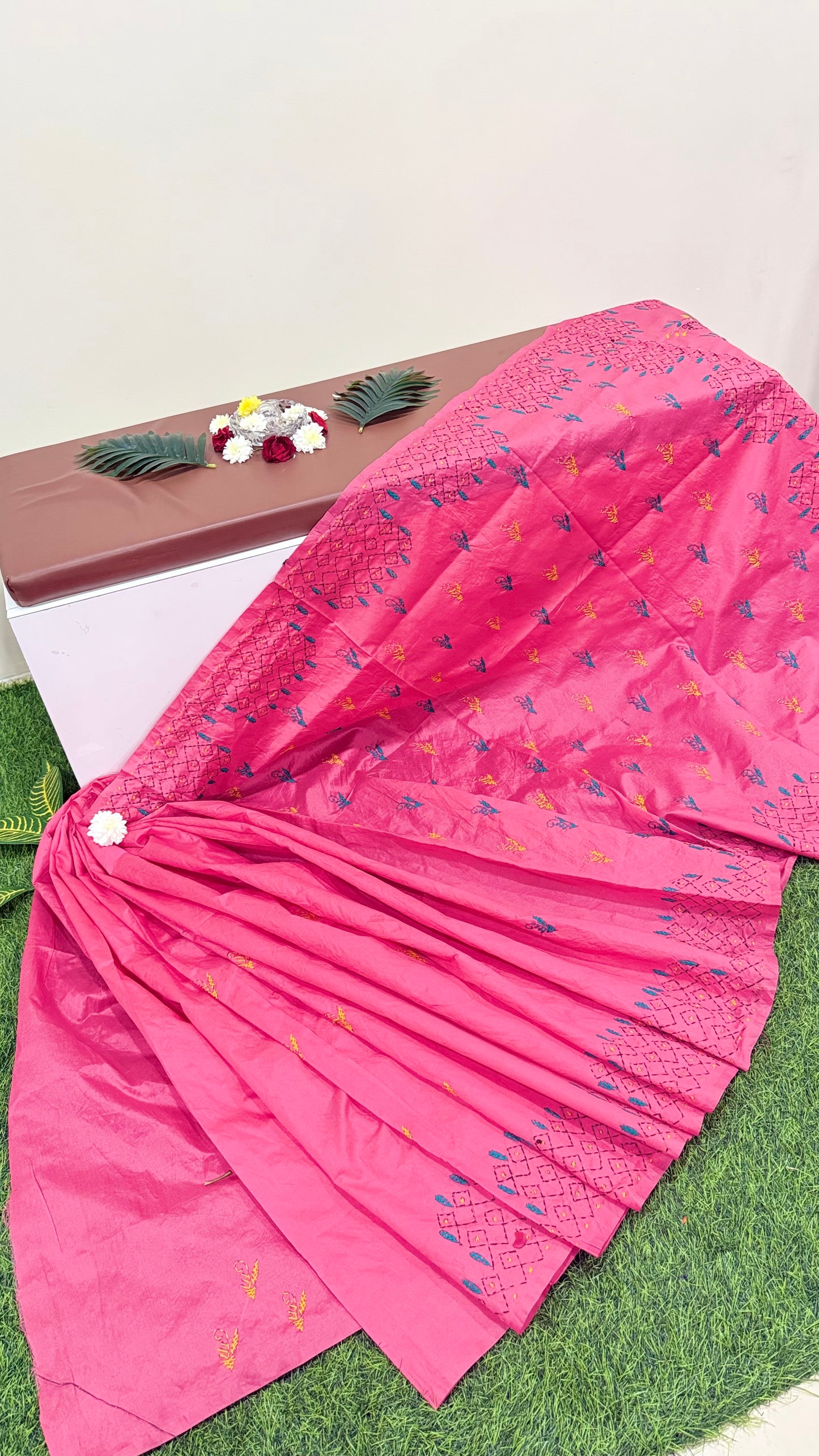 Assam Silk Saree with Kantha Stitch Hand Embroidery and Matching Blouse – Women’s Ethnic Wear