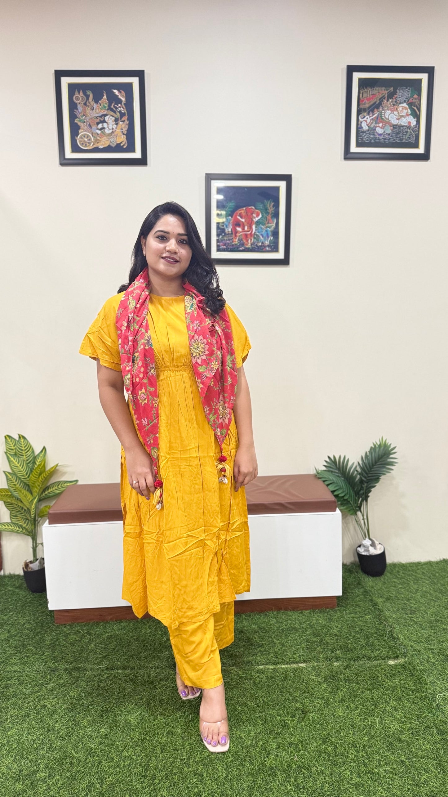 Rayon Solid Kurta Palazzo Scarf Set for Women | Mustard Flared Kurti with Pant and Printed Dupatta