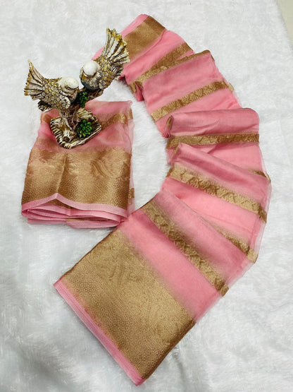 Kanchipuram Organza Jacquard Full Worked Saree with Raw Silk Organza Running Blouse