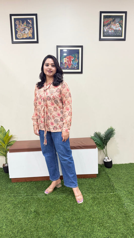 Peach Georgette Floral Print Regular Fit Top with Tie-Neck – Women’s Casual Wear (L to 2XL)