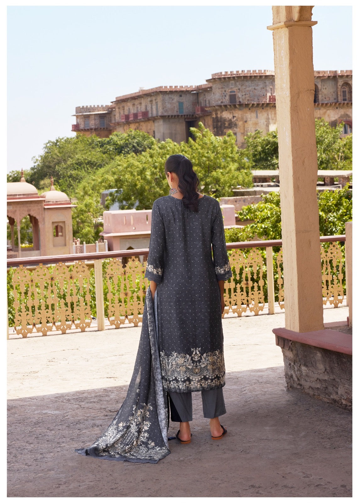 Digital Muslin Kurta Set with Moti Mirror Handwork, Shantoon Pant & Lace Dupatta – M to XXL