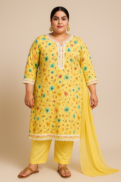 Linen Cotton Kurti Pant Set with Nazmin Dupatta and Lace Work – Plus Sizes Available