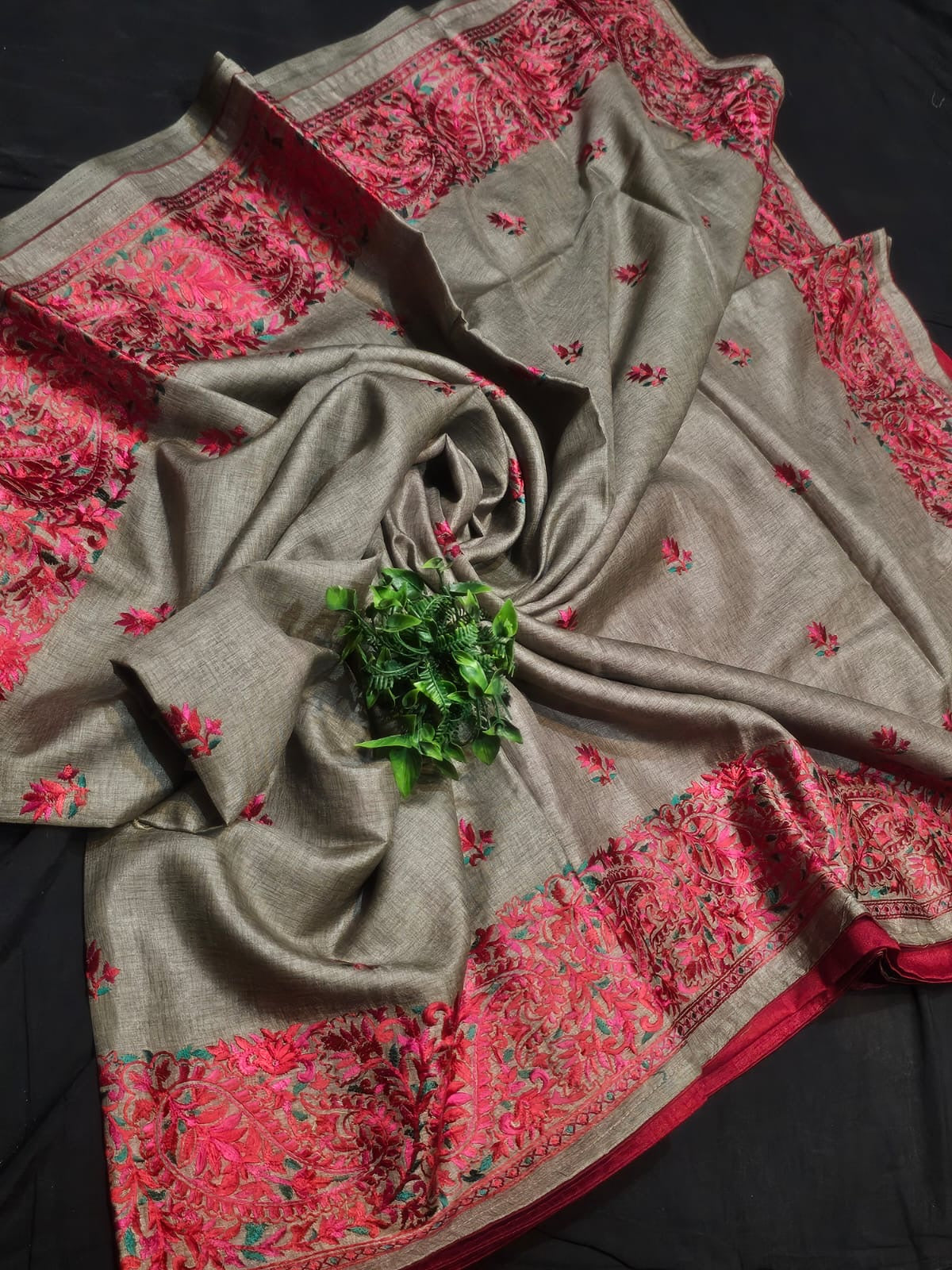 Semi Tussar Silk Saree with Heavy Kashmiri Embroidery and Contrast Red Blouse for Women