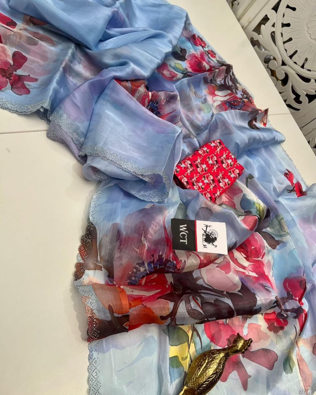 Heavy Soft Silk Saree with Swarovski Work and Floral Digital Print