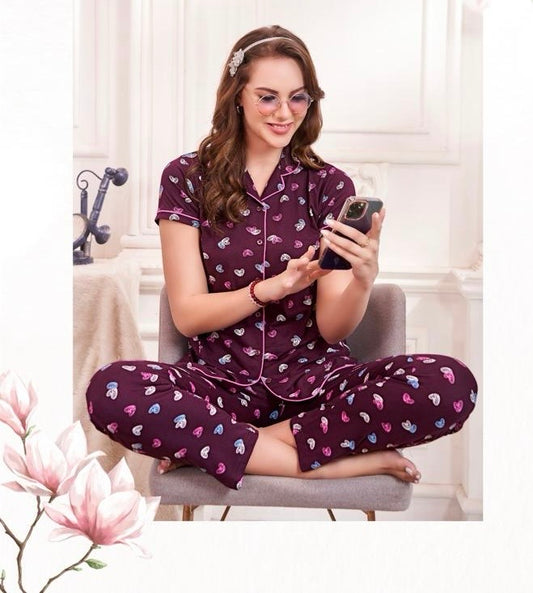 Printed Sinker Fabric Collar Night Suit Set – Women’s Loungewear & Nightwear (M to 2XL)