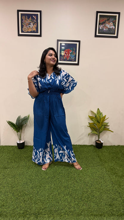 Women's Teal Blue Printed Muslin Jumpsuit with Kimono Sleeves – Length 57”