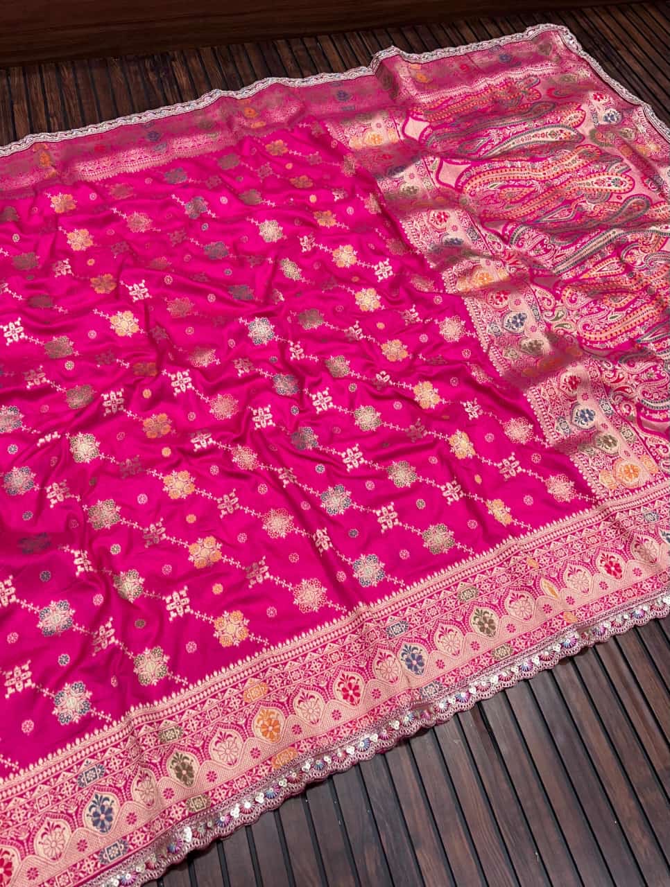 Masharu Silk Saree with Lakhnavi Meena Jacquard Weaving and Contrast Embroidered Blouse