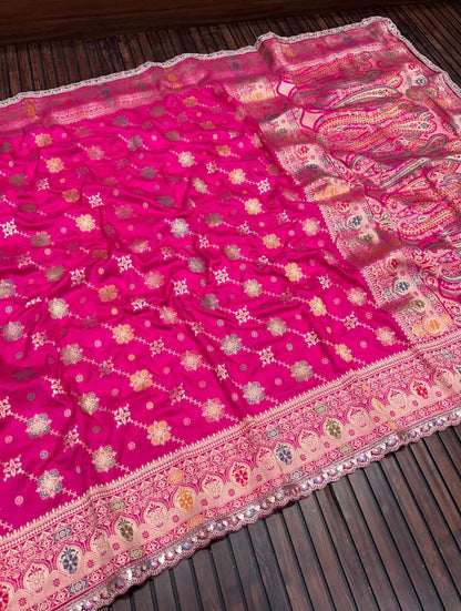Masharu Silk Saree with Lakhnavi Meena Jacquard Weaving and Contrast Embroidered Blouse