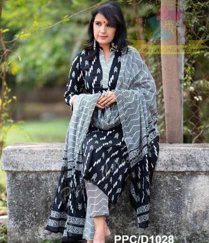 Pure Cotton Ikkat Kurti Pant Dupatta Set for Women – Handloom-Inspired 3-Piece Ethnic Wear – Sizes 38 4244