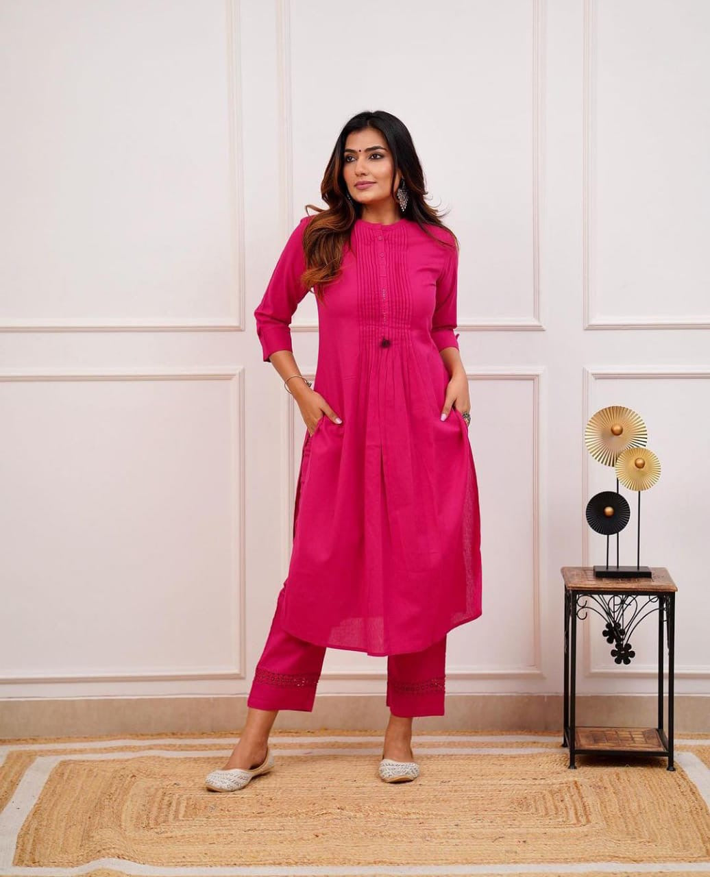 Premium rayon kurta with katha work and lace-detailed pant set for women – sizes 38 to 44