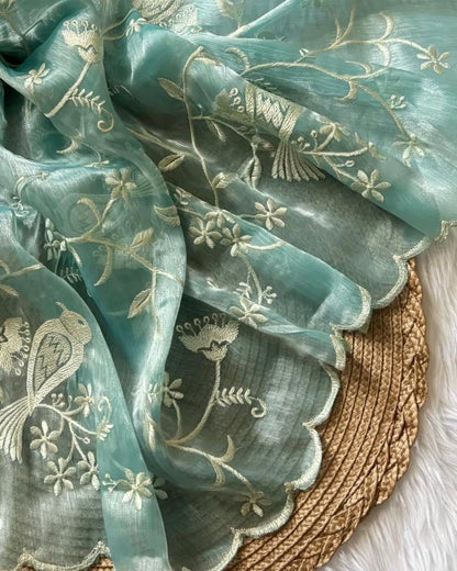 Soft Embroidery Work Saree with Chikankari Detailing and Blouse for Wome