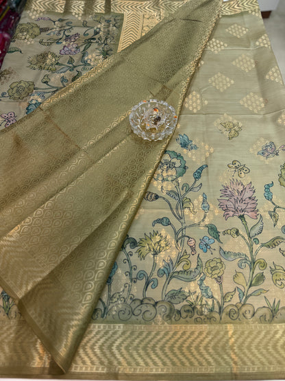 Bamboo Silk Floral Printed Saree with Rich Decorative Pallu, Rich Floral Kalamkari Style Prints