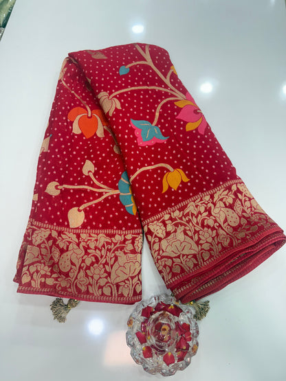 Pure Kaddi Georgette Zari Weaving Saree in Crimson Red with Traditional Floral Jaal and Rich Border – Festive & Wedding Wear Saree for Women