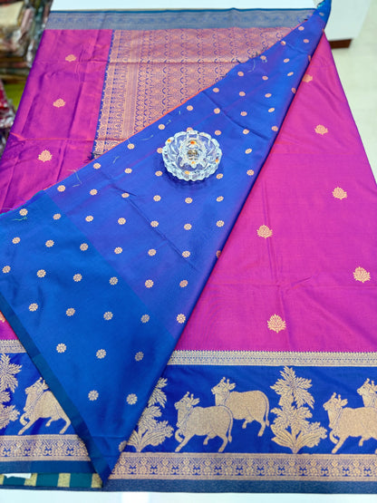 Handloom styled Silk Pichwai Saree with Woven Border and Contrast Blouse