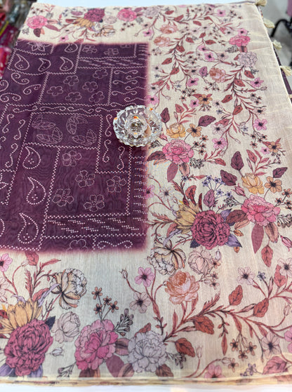 Cotton Chanderi Silk Floral Printed Saree with Blouse Piece