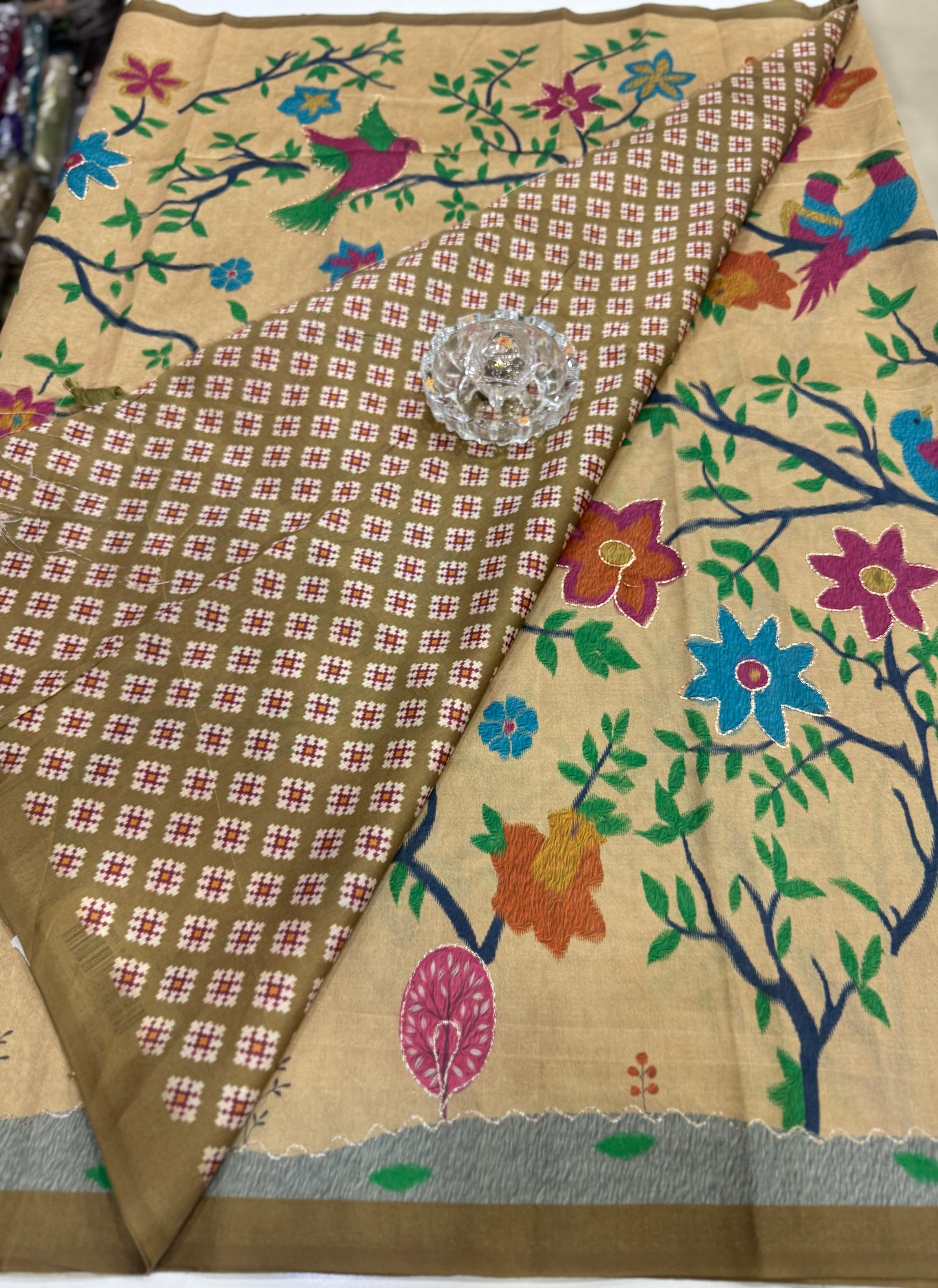 Assam silk saree for women with aari embroidery and paithani motifs, festive wear saree with blouse