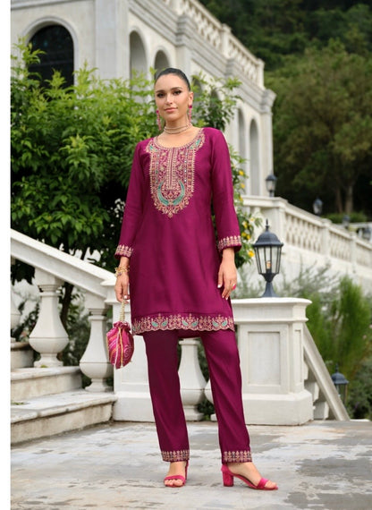 Pure Tussar Silk Co-Ord Set with Embroidery and Handwork – Festive Wear for Women in XL to 3XL