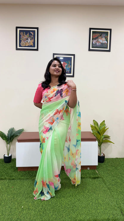 Pure Soft Georgette Silk Saree with Digital Butterfly Print, Cutdana and Moti Work – Women’s Festive Wear
