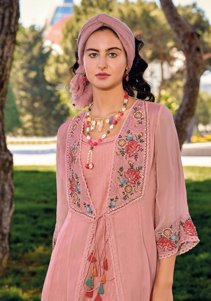 Pure Viscose Organza Silk Kurti Pant Set with Embroidered Organza Koti – Women’s Festive Ethnic Wear