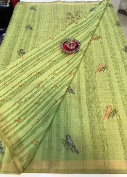 Ghicha cotton saree with bird motif pallu and tassel border, printed cotton saree for women