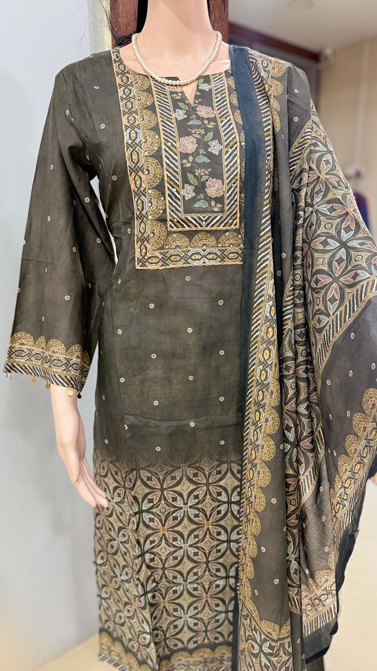 Italian cotton kurta pant dupatta set for women with placement print, straight 3 piece ethnic set, sizes 38 to 44