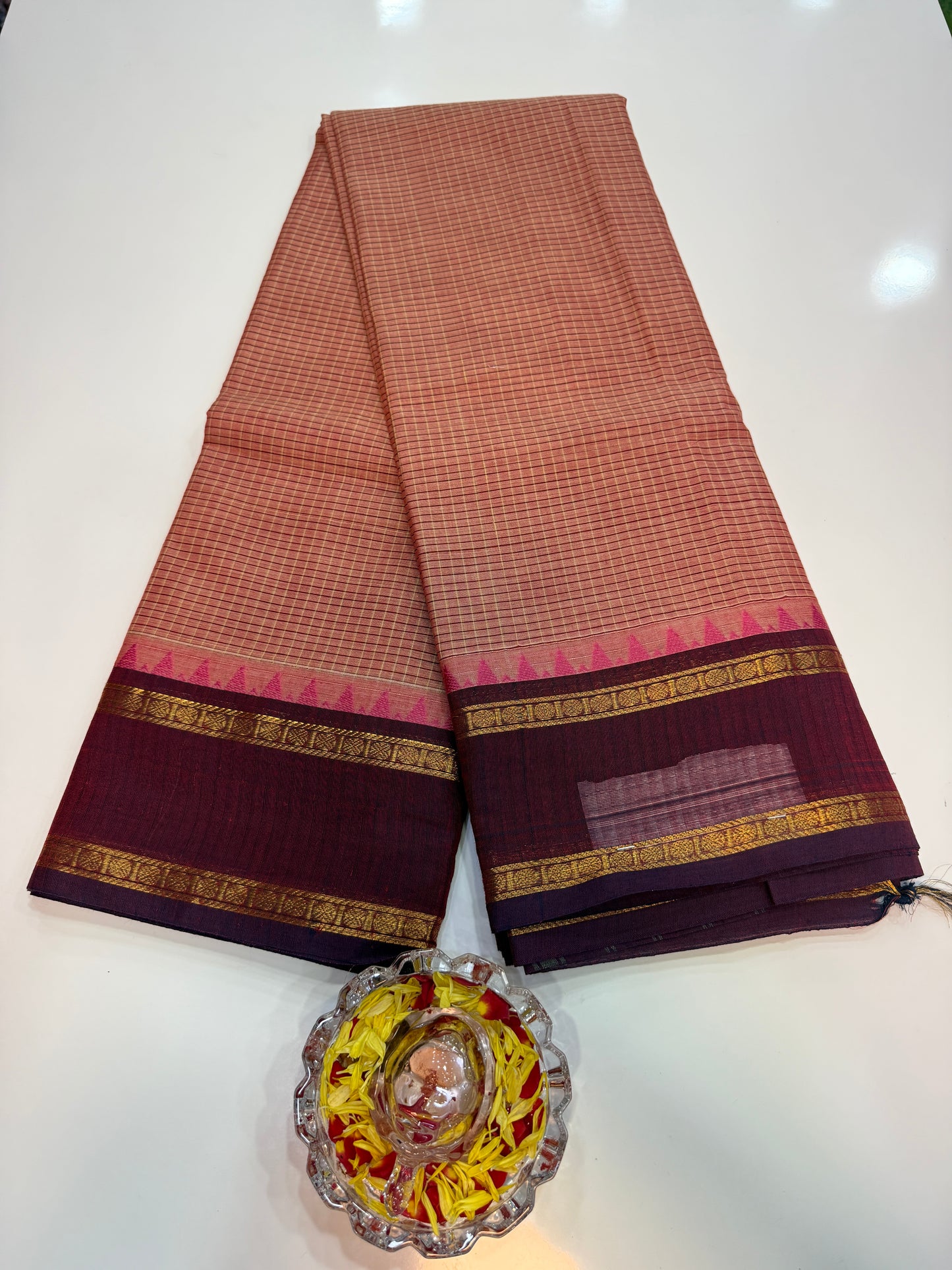 Kanchi cotton saree with checked putta design and zari thread border, 6.2m with running blouse, women’s traditional saree