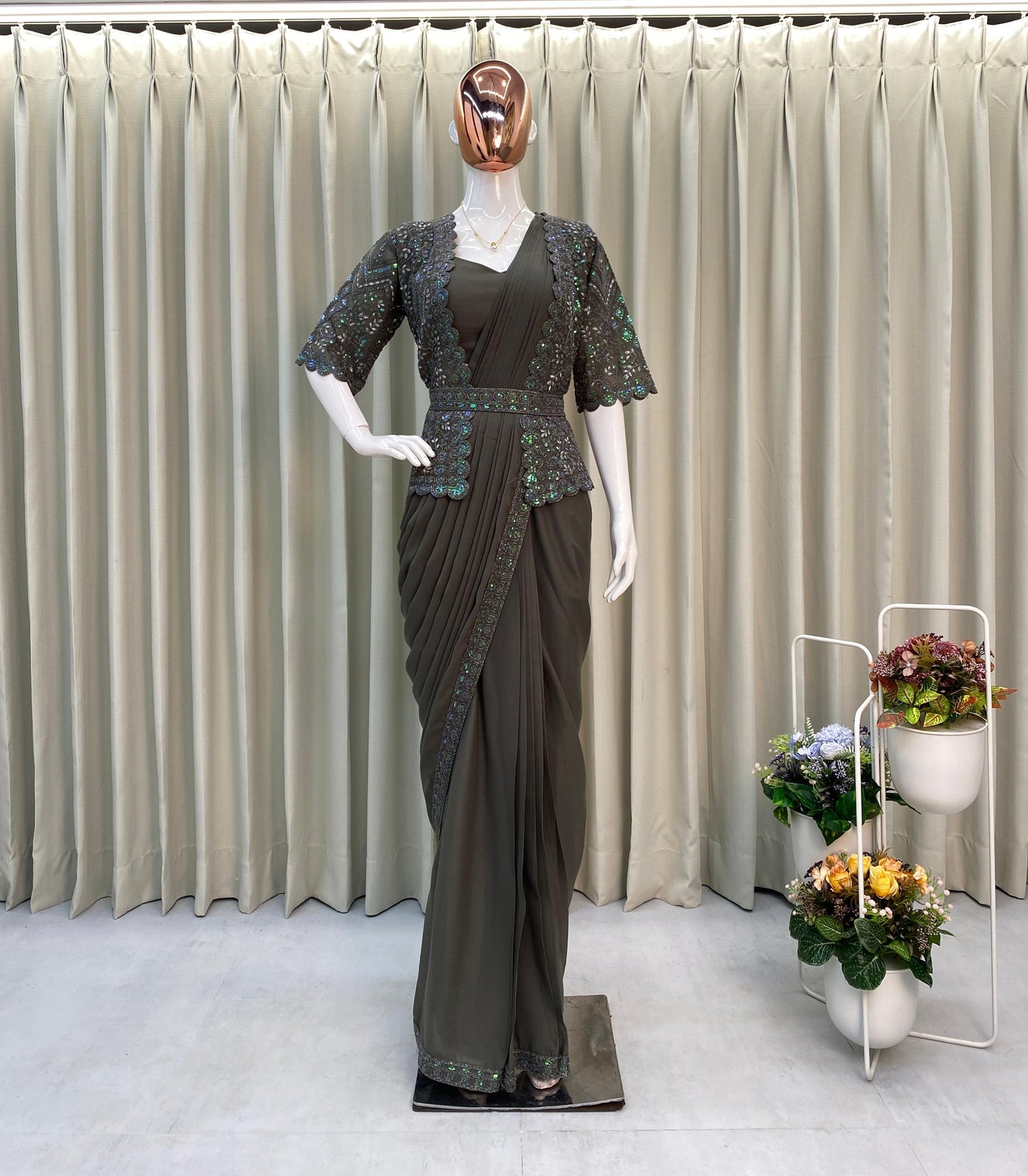 Georgette Ready-to-Wear Saree with Sequence Embroidery, Embroidered Koti & Work Belt – Free Size up to XXL