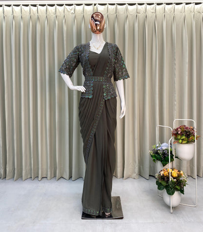 Georgette Ready-to-Wear Saree with Sequence Embroidery, Embroidered Koti & Work Belt – Free Size up to XXL