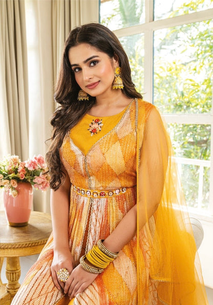 Nyra Cut Crochet Georgette Kurti Set with Jaam Silk Pant, Net Dupatta and Handwork Belt – Sizes L, XL